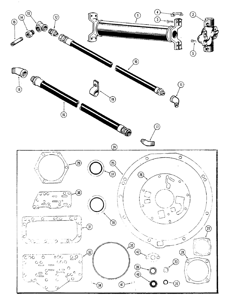 Схема запчастей Case W5 - (078) - DRIVE SHAFT, CONVERTER COOLER HOSES, SHUTTLE TRANSMISSION GASKET KIT (06) - POWER TRAIN