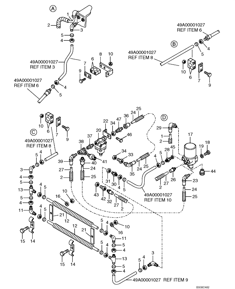 Схема запчастей Case 335B - (49A01011027[001]) - RECEIVER DRYER, FRONT FRAME (A B C D ) PNEUMATICS (SIMPLE MUX P.I.N. HHD0335BN8PG58100 AND AFTER) (87750676) (09) - Implement / Hydraulics / Frame / Brakes