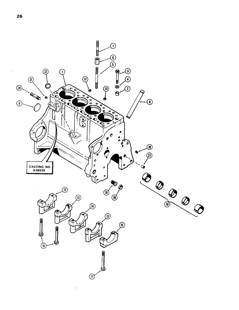 Схема запчастей Case 450 - (026) - CYLINDER BLOCK ASSEMBLY, (188) DIESEL ENGINE, WITH CYLINDER BLOCK HEAD BOLTS (01) - ENGINE