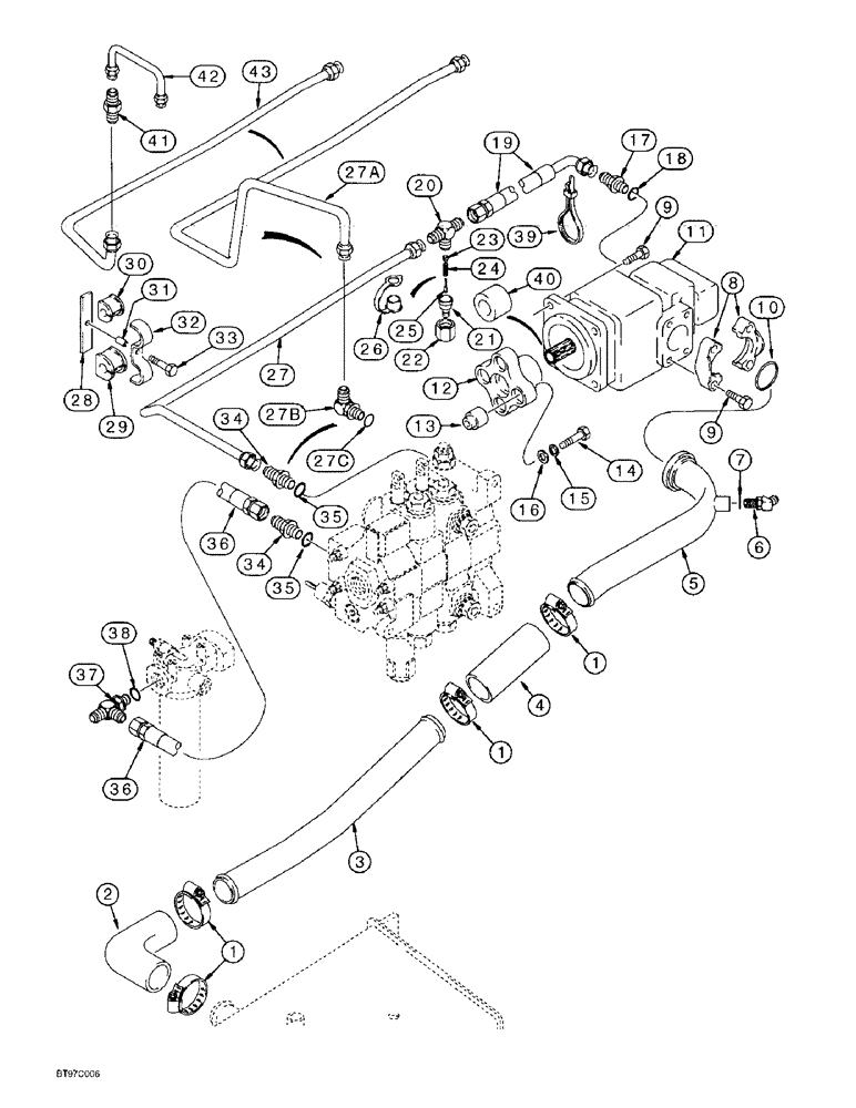 Схема запчастей Case 590SL - (8-002) - EQUIPMENT HYDRAULIC SYSTEM, RESERVOIR TO LOADER CONTROL VALVE AND LOADER VALVE TO FILTER (08) - HYDRAULICS
