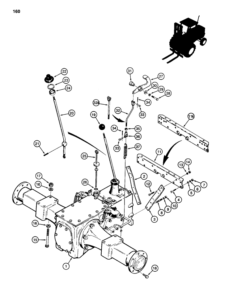 Схема запчастей Case 586D - (160) - TRANSAXLE AND DIFFERENTIAL LOCK, TWO WHEEL DRIVE MODELS TRANSAXLE S/N 16249203 THRU 16270318 (27) - REAR AXLE SYSTEM