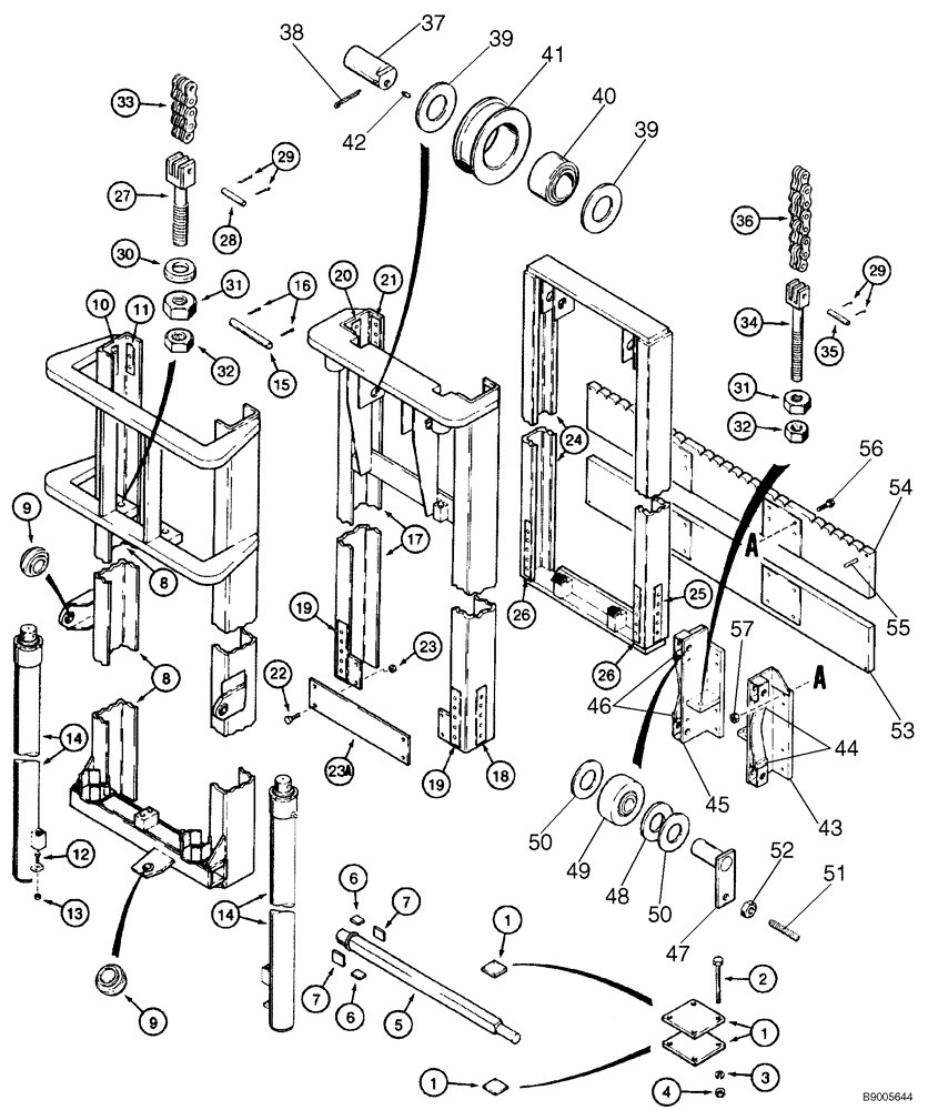 Схема запчастей Case 586E - (9-096) - 6.5 M (21-1/2 FOOT) MAST FOR 586E, MODELS WITH DUAL LIFT CYLINDER, WITH 31 DEGREE FORWARD MAST TILT (09) - CHASSIS/ATTACHMENTS