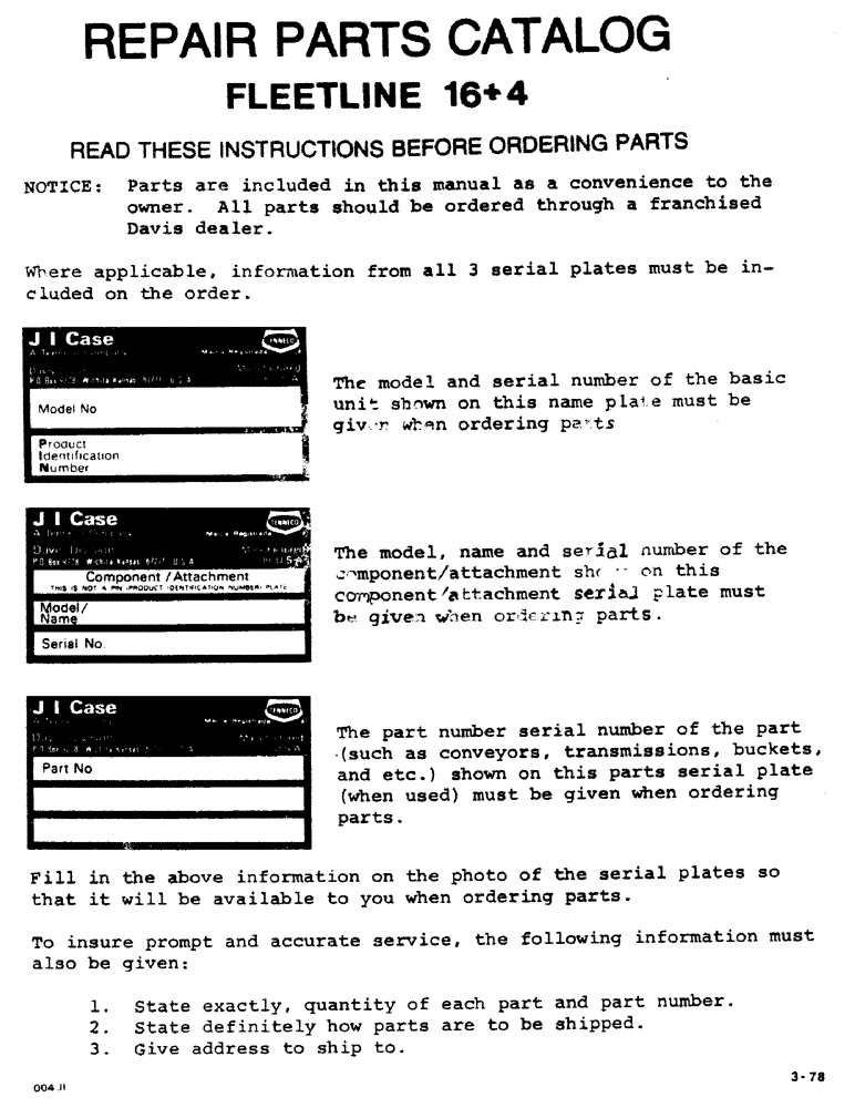 Схема запчастей Case DAVIS - (01) - READ THESE INSTRUCTIONS BEFORE ORDERING PARTS 