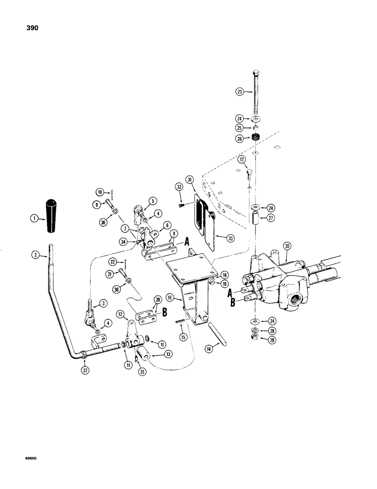 Схема запчастей Case 480C - (390) - LOADER CONTROLS, SINGLE CONTROL LEVER, USED WITH PARKER LOADER CONTROL VALVE (84) - BOOMS, DIPPERS & BUCKETS