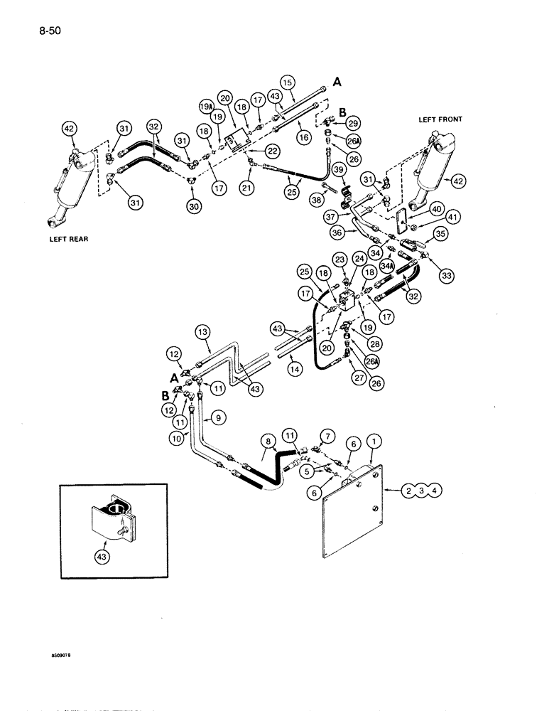 Схема запчастей Case 1085B - (8-050) - OUTRIGGER HYDRAULIC CIRCUIT, FRONT AND REAR - LEFT SIDE OPTIONAL FOR 1085B - STANDARD FOR1086B (08) - HYDRAULICS