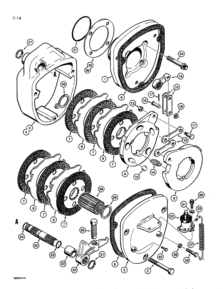 Схема запчастей Case 450C - (7-14) - TRANSMISSION BRAKE ASSEMBLY, WET, IF USED (07) - BRAKES