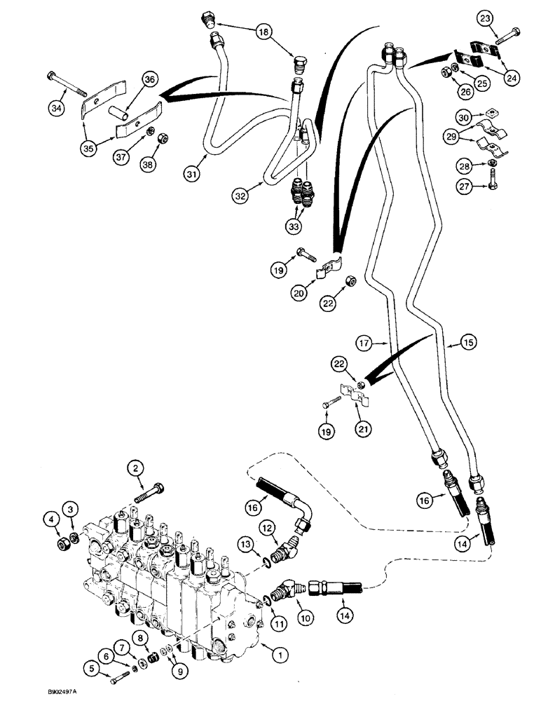 Схема запчастей Case 590 - (8-046) - BACKHOE AUX. HYD. CIRCUIT, FOR OPTIONAL REAR HYD. ATTACHMENTS, W/O EXTENDABLE DIPPER (08) - HYDRAULICS