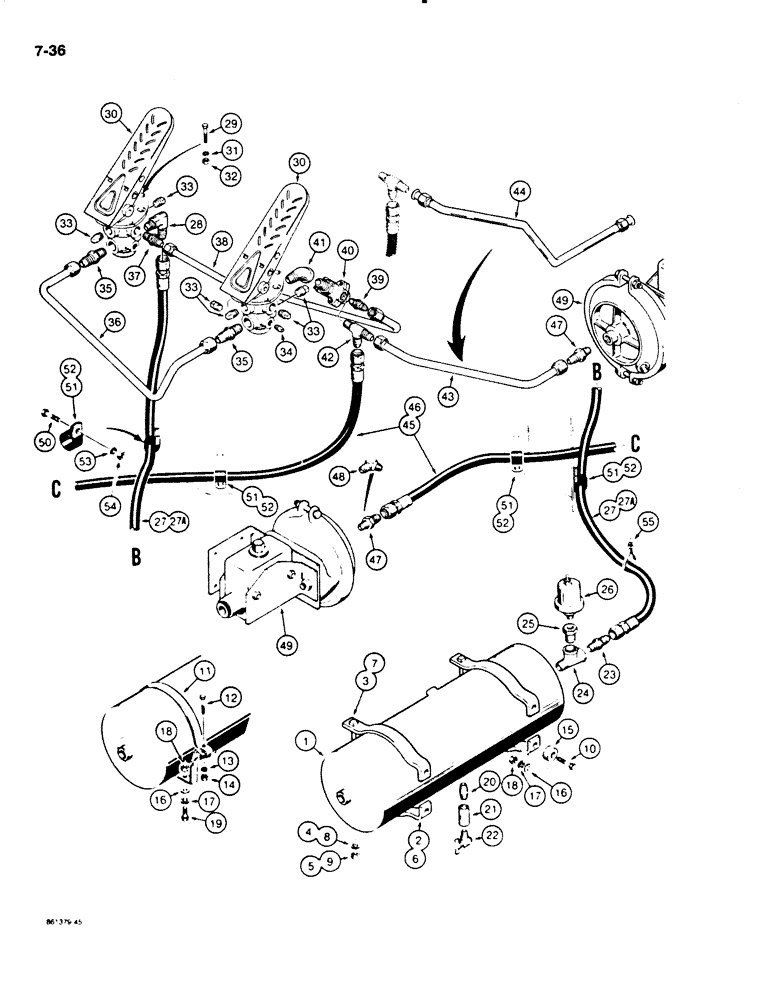 Схема запчастей Case W20C - (7-36) - BRAKE SYSTEM, RESERVOIR TO TREADLES AND MASTER CYLINDERS (07) - BRAKES