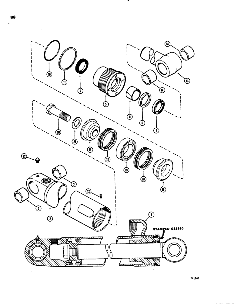 Схема запчастей Case 26C - (088) - G33930 STABILIZER CYLINDER, WITH TWO PIECE PISTON, GLAND IS STAMPED WITH CYLINDER PART NUMBER 