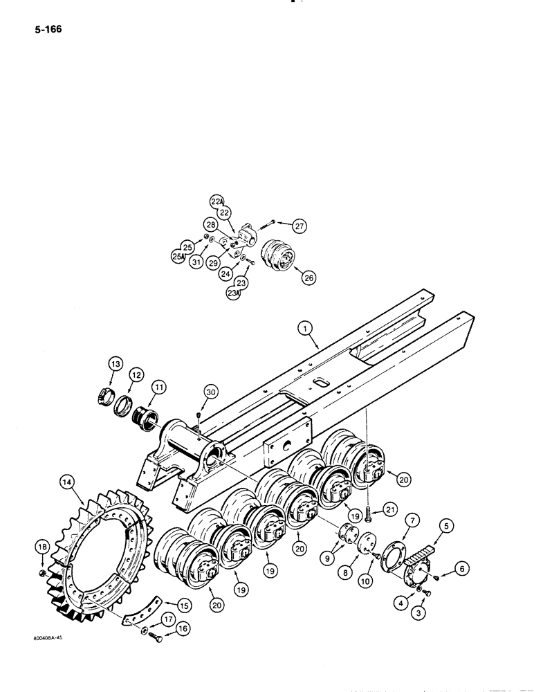 Схема запчастей Case 1450B - (5-166) - TRACK FRAME, SPROCKET, AND ROLLERS, 74" (1880 MM) GAUGE STANDARD DOZER MODELS (11) - TRACKS/STEERING