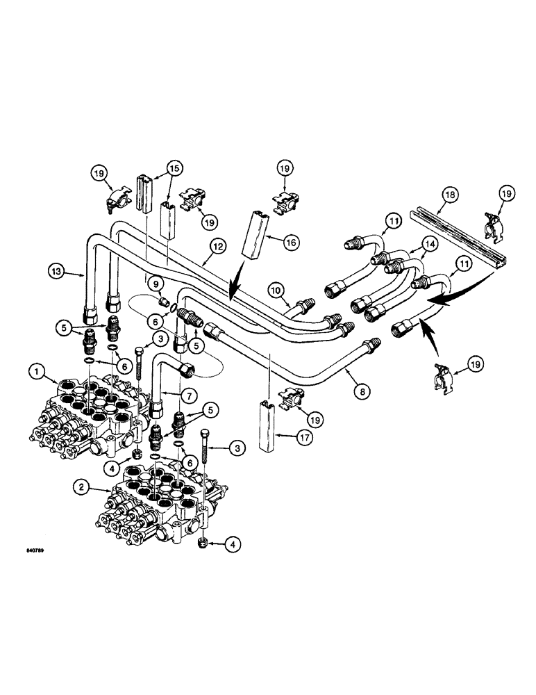Схема запчастей Case 1187 - (174) - ARM AND TOOL CYLINDER CIRCUITS, TUBES FROM CONTROL VALVES AT TURNTABLE (07) - HYDRAULIC SYSTEM