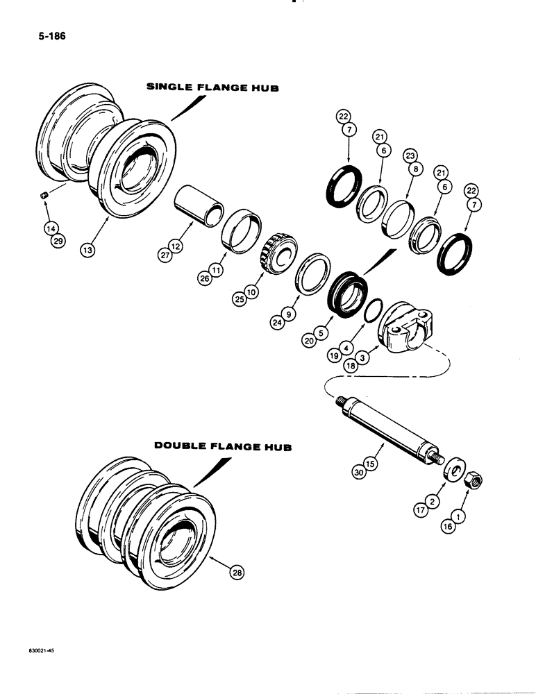Схема запчастей Case 1450B - (5-186) - CASE-MADE TRACK ROLLERS, (SHAFT RETAINED BY NUT), SINGLE FLANGE TRACK ROLLER R27948 (11) - TRACKS/STEERING