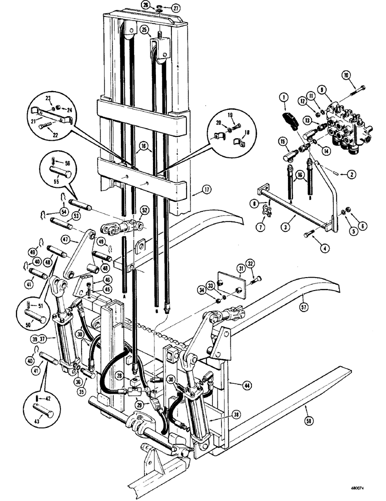 Схема запчастей Case 530 - (24) - LOG CLAMP AND HYDRAULICS, STANDARD 10 FOOT 6 INCH AND 14 FOOT 3 INCH MASTS (83) - TELESCOPIC SINGLE ARM