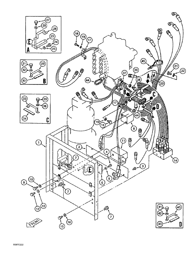 Схема запчастей Case 9040B - (8-022) - CONTROL COMPONENT MOUNTING AND HOSE SUPPORTS, P.I.N. DAC04#2001 AND AFTER (08) - HYDRAULICS