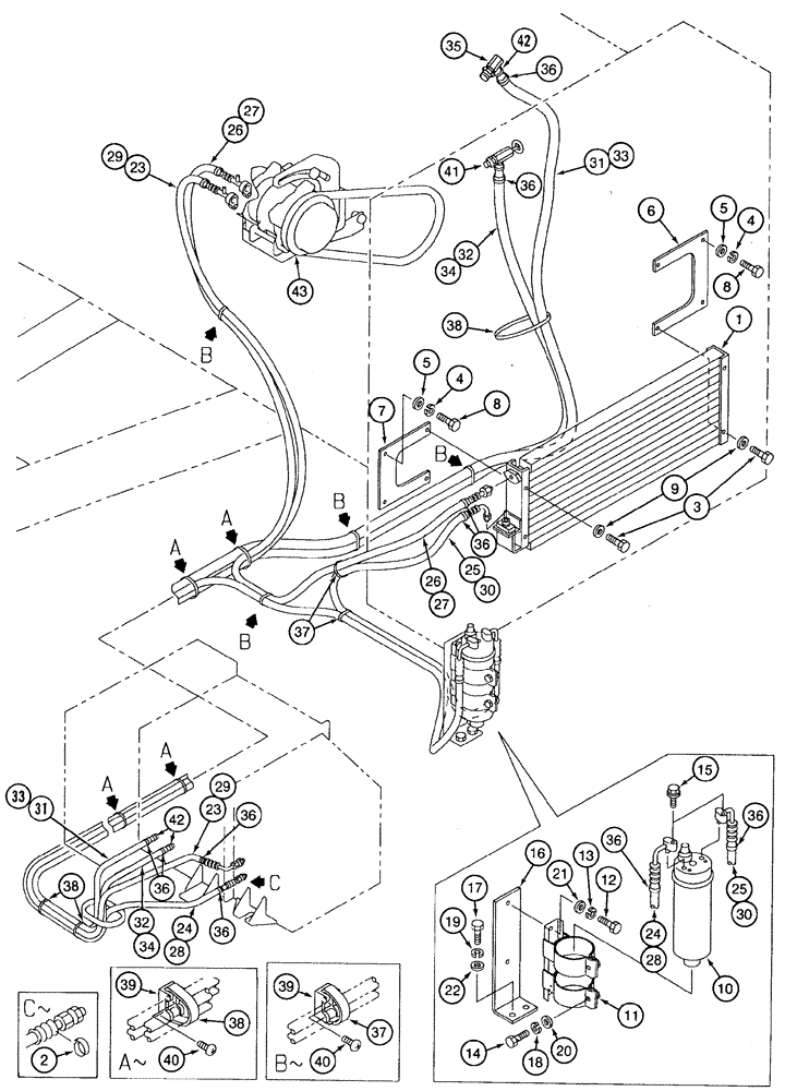 Схема запчастей Case 9050B - (9-040) - AIR CONDITIONER WITH HEATER AND HOSES (09) - CHASSIS