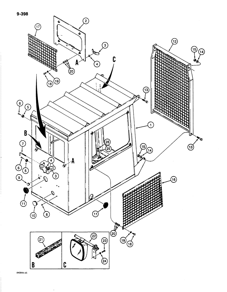 Схема запчастей Case 1187B - (9-398) - LOGGER CAB, CAB AND WINDOW GUARDS (09) - CHASSIS
