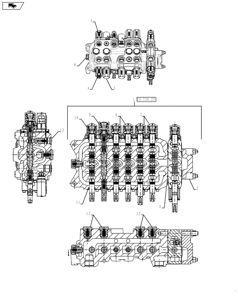 Схема запчастей Case 590SN - (35.726.17[01]) - VAR 423075, 423083, 423084, 742369 - VALVE - BACKHOE CONTROL, 7 SPOOL (W/O EXT DIPPER,W/ AUX HYDS, W/O PILOT CONTROLS) (35) - HYDRAULIC SYSTEMS