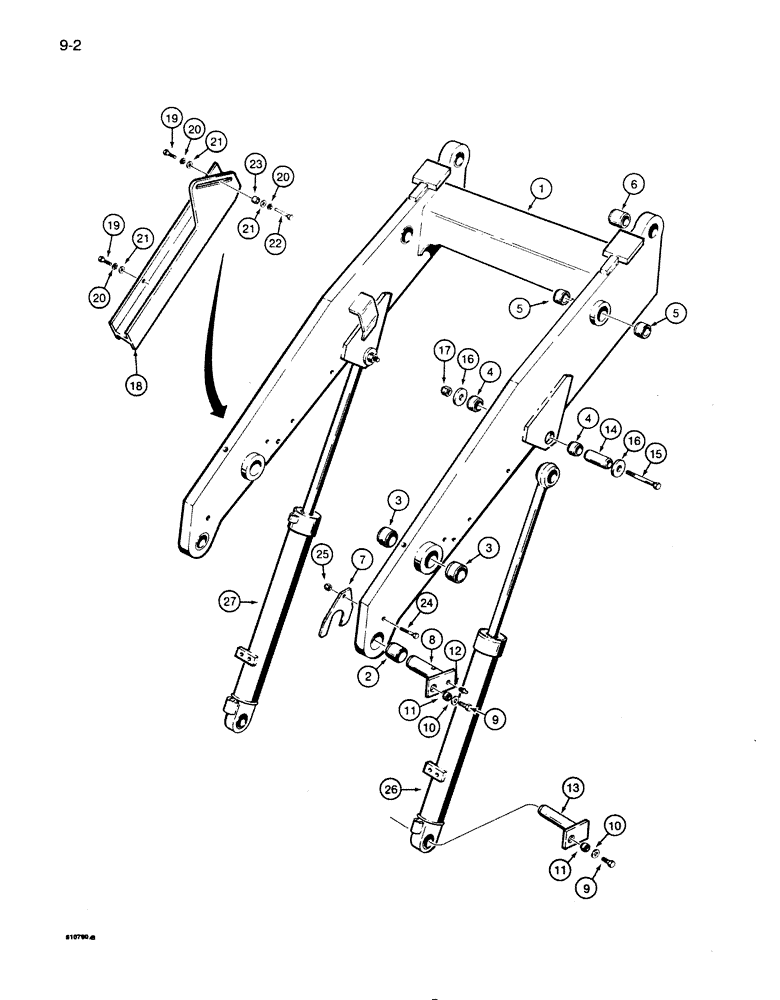 Схема запчастей Case 855D - (9-002) - LOADER LIFT FRAME, LIFT CYLINDERS AND STRUT (09) - CHASSIS/ATTACHMENTS