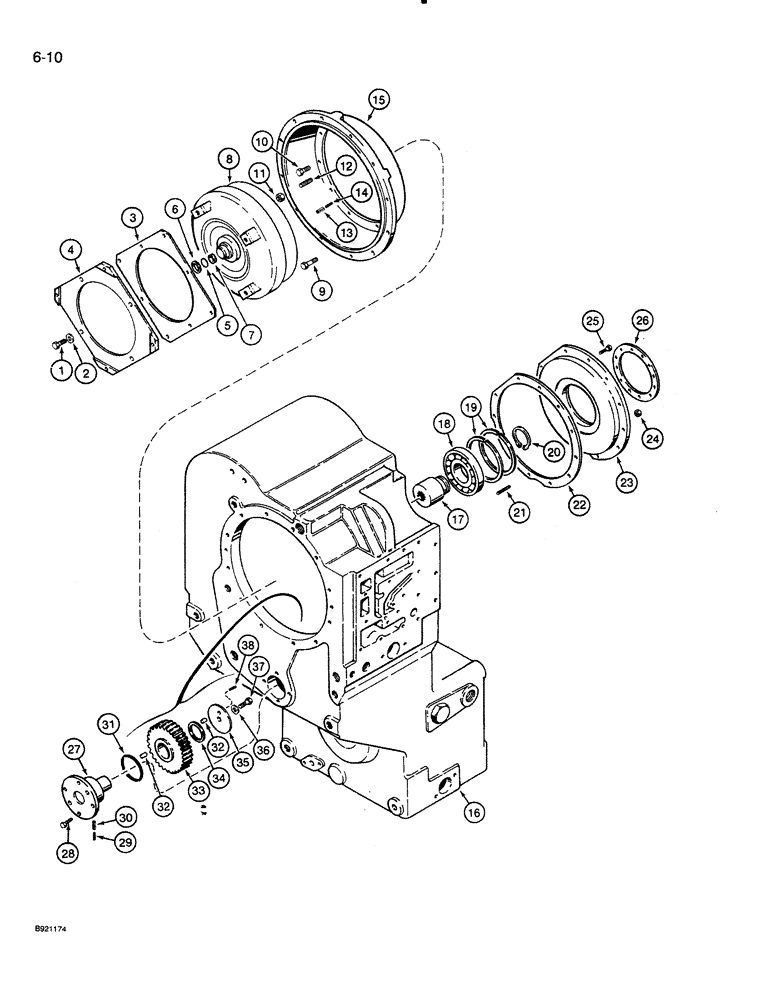 Схема запчастей Case 821 - (6-010) - TRANSMISSION ASSEMBLY, IDLER GEAR, CONVERTER AND COVER, PRIOR TO P.I.N. JAK0024165 (06) - POWER TRAIN