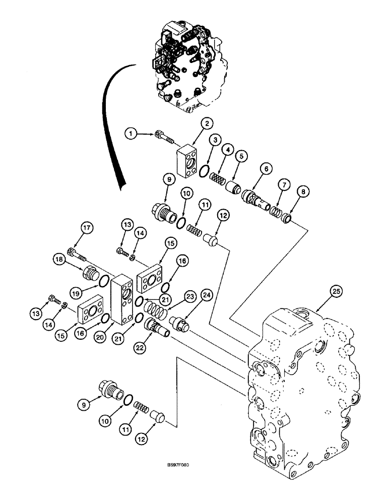 Схема запчастей Case 9045B - (8-104) - HYDRAULIC CONTROL VALVE COMPONENTS, FIVE SPOOL VALVE SECTION, RELIEF AND CHECK VALVES (08) - HYDRAULICS