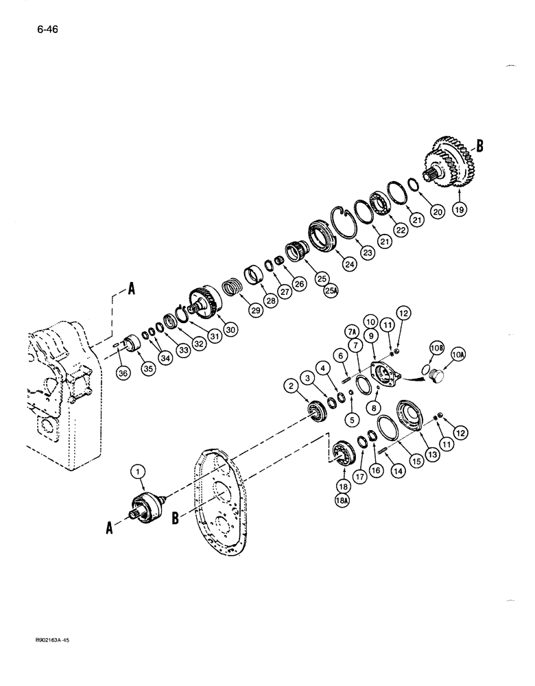 Схема запчастей Case 1085B - (6-046) - TRANSMISSION, LOW SPEED CLUTCH, THIRD SPEED CLUTCH, GEARS, SHAFTS, AND BEARINGS (06) - POWER TRAIN