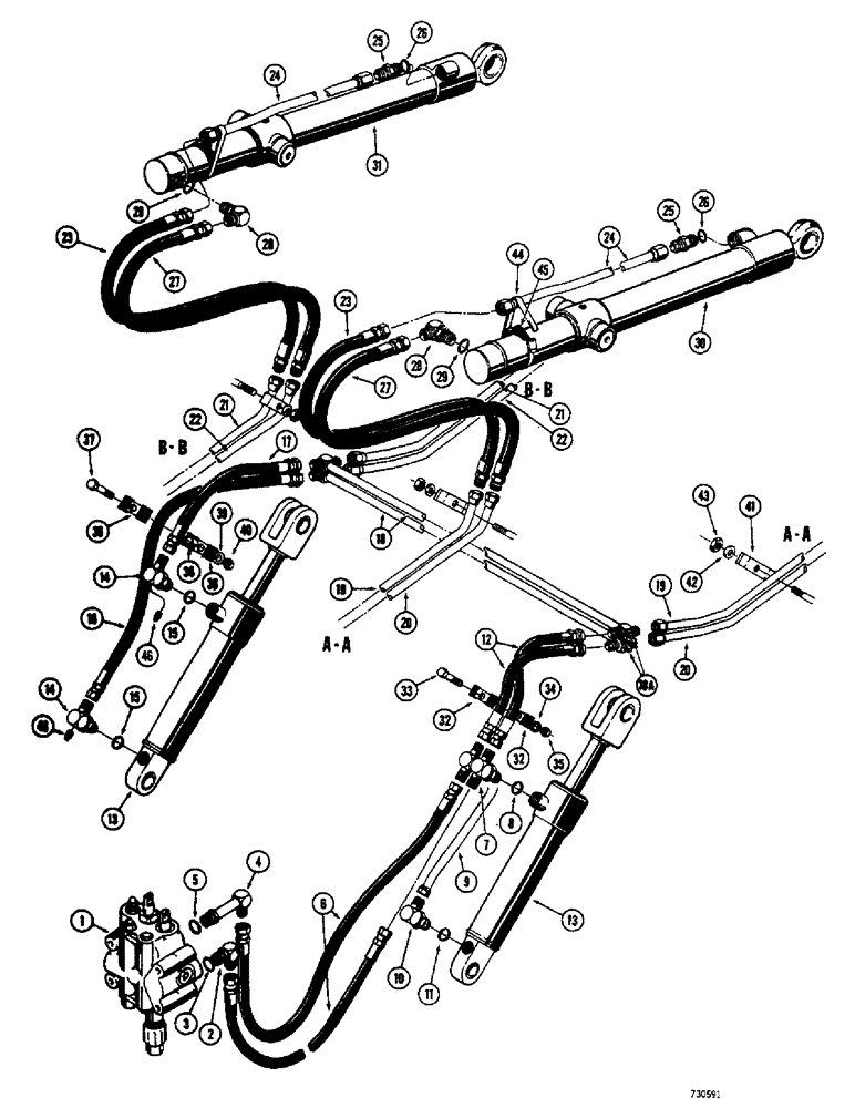 Схема запчастей Case 350 - (182) - LOADER HYDRA-LEVELING AND BUCKET TILT HYDRAULIC CIRCUIT (07) - HYDRAULIC SYSTEM