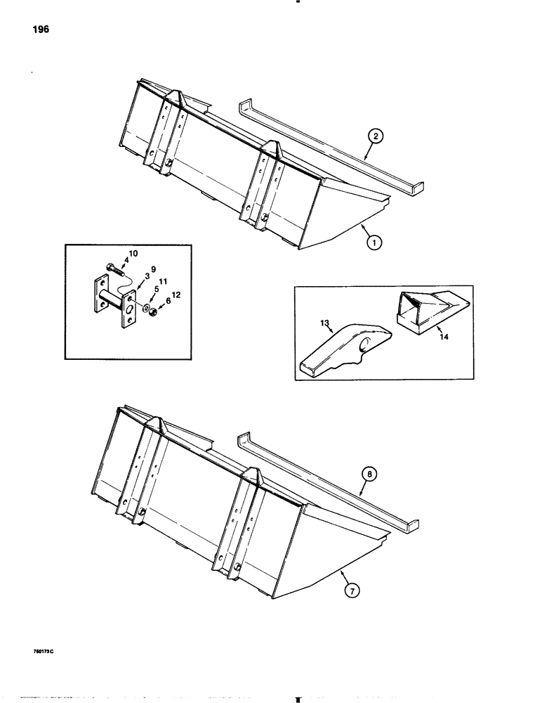 Схема запчастей Case 1845B - (196) - DIRT AND UTILITY BUCKETS, 3" (76 MM) CUTTING EDGE, DIRT BUCKETS, UTILITY BUCKET, BUCKET TEETH (09) - CHASSIS/ATTACHMENTS