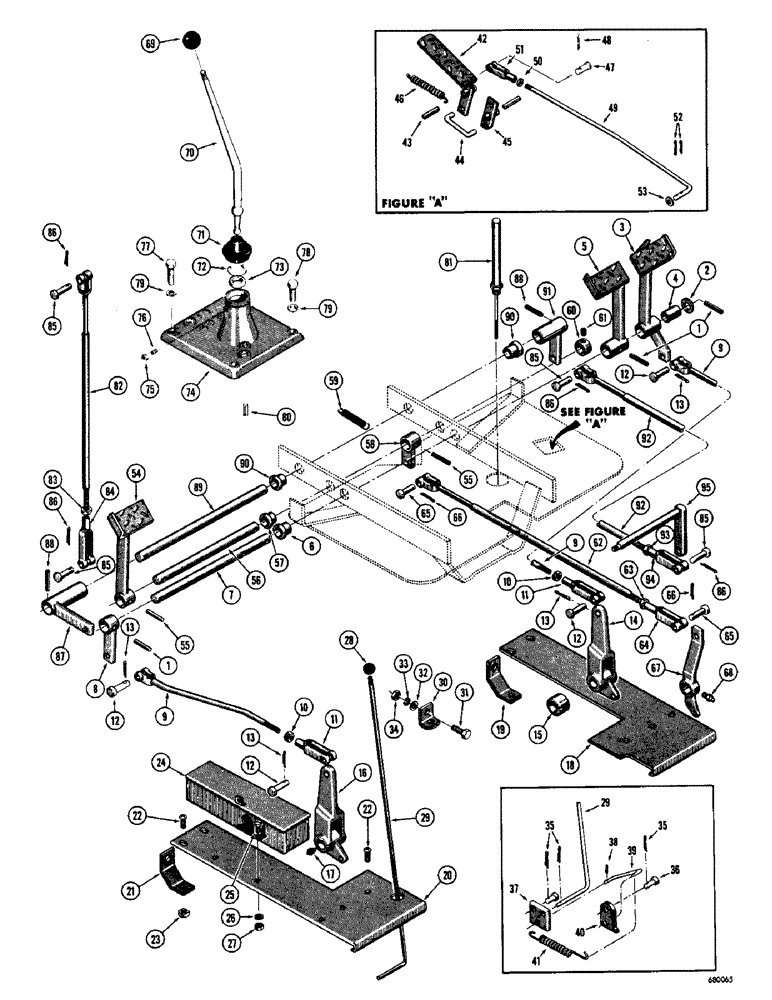 Схема запчастей Case 530 - (36) - FOOT PEDALS, SHUTTLE, SHIFT AND LINKAGE, BRAKE PEDALS AND LINKAGE (90) - PLATFORM, CAB, BODYWORK AND DECALS