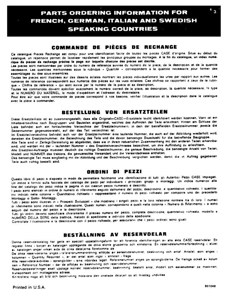 Схема запчастей Case 450 - (003) - PARTS ORDERING INFORMATION FOR FRENCH, GERMAN, ITALIAN AND SWEDISH SPEAKING COUNTRIES (00) - GENERAL