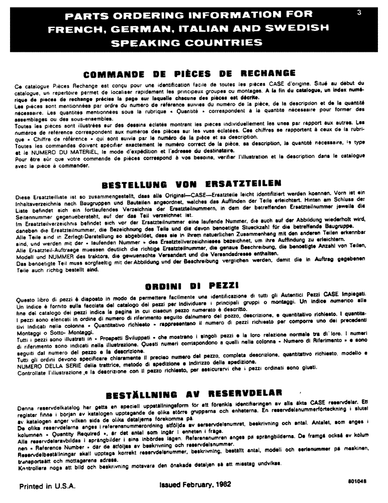 Схема запчастей Case 1845S - (003) - PARTS ORDERING INFORMATION FOR FRENCH, GERMAN, ITALIAN AND SWEDISH SPEAKING COUNTRIES (05) - SERVICE & MAINTENANCE