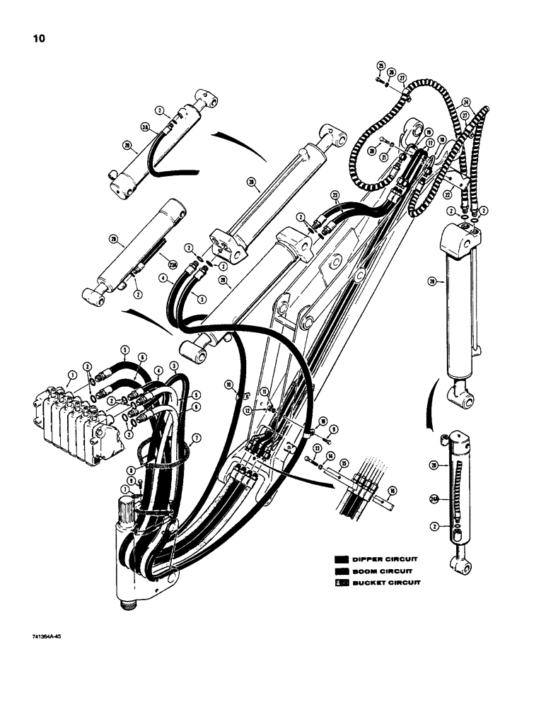 Схема запчастей Case D130 - (7-010) - BACKHOE HYDRAULIC LINES, BOOM, DIPPER ARM, AND BUCKET CIRCUITS USED ON BACKHOE SN P1520301 & AFT 
