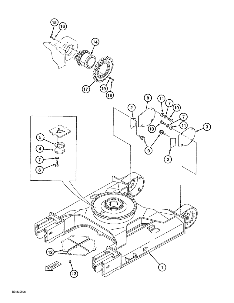 Схема запчастей Case 9010B - (5-002) - TRACK FRAME AND DRIVE SPROCKET (11) - TRACKS/STEERING