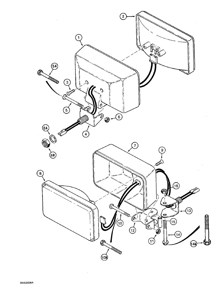 Схема запчастей Case 590 - (4-38) - CANOPY TRACTOR LAMPS, FRONT DRIVING, REAR FLOOD, AND OPTIONAL FRONT & REAR WORK LAMPS (04) - ELECTRICAL SYSTEMS