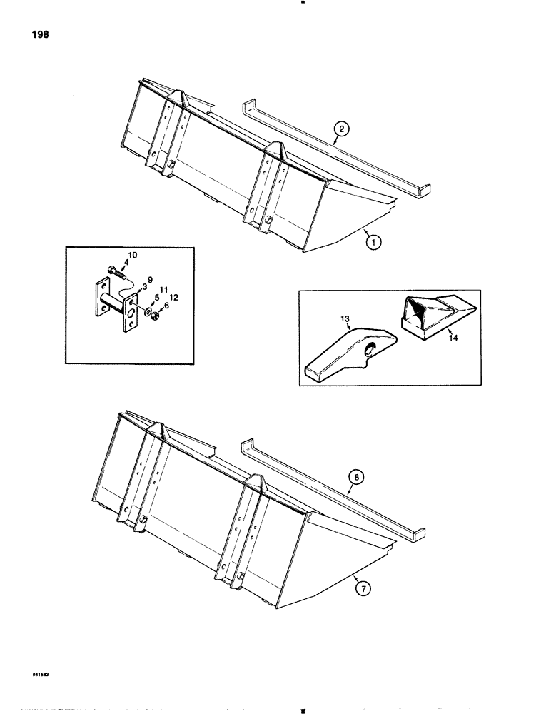 Схема запчастей Case 1845B - (198) - DIRT AND UTILITY BUCKETS, 6" (152 MM) CUTTING EDGE, DIRT BUCKET, UTILITY BUCKET, BUCKET TEETH (09) - CHASSIS/ATTACHMENTS