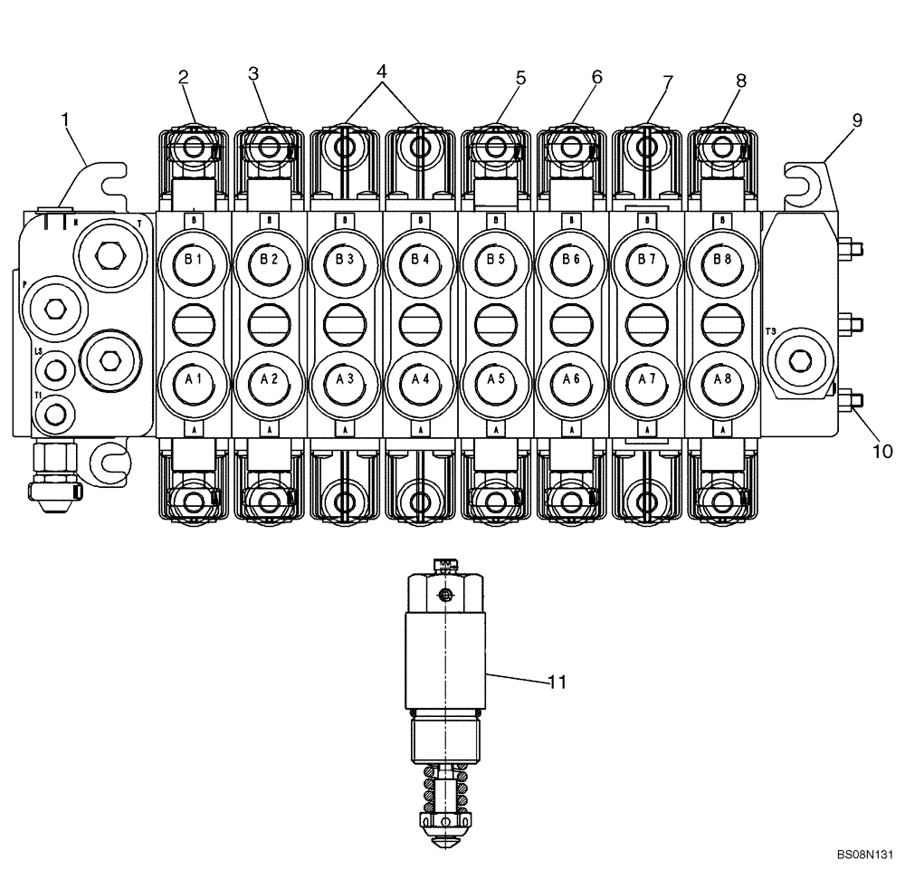 Схема запчастей Case 590SM - (08-41A) - 84138936 VALVE ASSY - BACKHOE CONTROL, 8 SPOOL (W/ EXT DIPPER, W/ AUX HYDS) (590SM+) (08) - HYDRAULICS