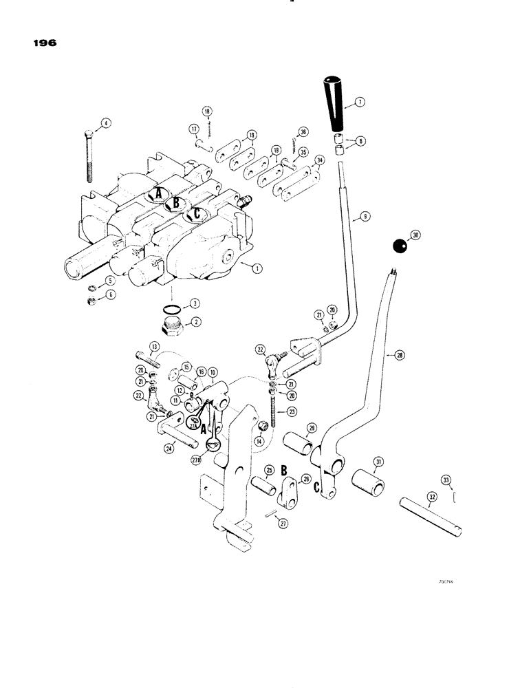 Схема запчастей Case 1150 - (196) - EQUIPMENT CONTROL VALVES AND LEVERS, 3 SPOOL DOZER, USED ON POWER TILT DOZER W/ DRAWBAR (07) - HYDRAULIC SYSTEM