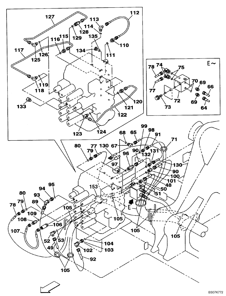 Схема запчастей Case CX225SR - (08-90[04]) - PILOT CONTROL LINES, CONTROL VALVE - MODELS WITH DOZER BLADE (08) - HYDRAULICS