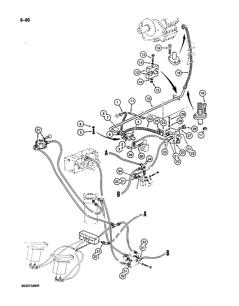Схема запчастей Case 125B - (8-080) - HYDRAULIC CIRCUIT FOR PILOT CONTROLS, P.I.N. 74845 THRU 74963, 21801 THRU 21868, 26801 AND AFTER (08) - HYDRAULICS