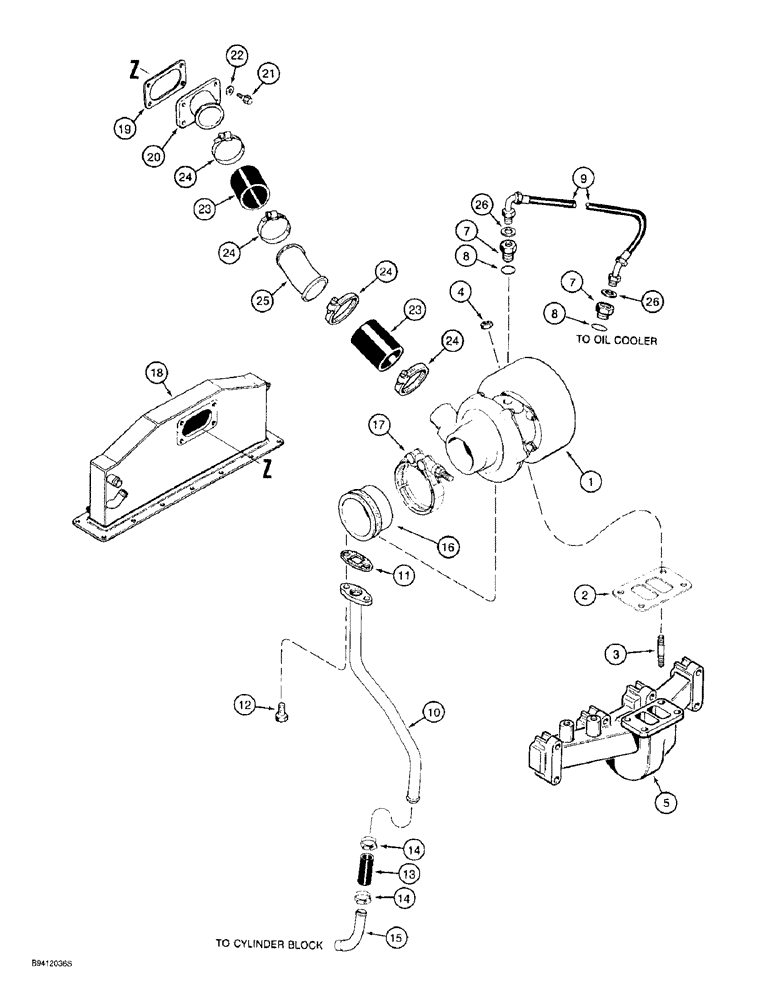 Схема запчастей Case 9020B - (2-038) - TURBOCHARGER SYSTEM, 4TA-390 ENGINE, PRIOR TO P.I.N. DAC0##2001 (02) - ENGINE
