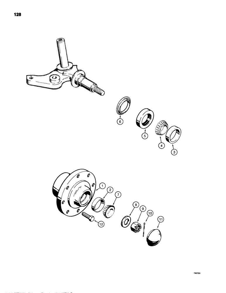Схема запчастей Case 680H - (128) - FRONT WHEEL HUB AND BEARINGS (05) - STEERING