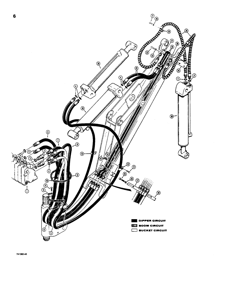 Схема запчастей Case D130 - (7-006) - BACKHOE HYDRAULIC LINES, BOOM, DIPPER ARM AND BUCKET CIRCUITS USED PRIOR TO BACKHOE SN P1520301 