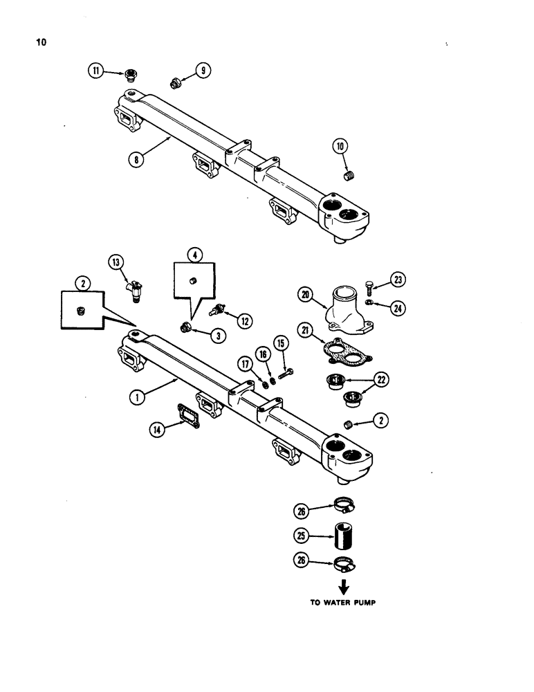 Схема запчастей Case W18 - (010) - WATER MANIFOLD AND THERMOSTAT, 401BD AND 401BDT DIESEL ENGINE (02) - ENGINE