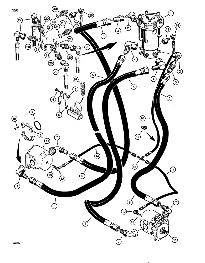 Схема запчастей Case 1080 - (150) - TRACK DRIVE HYDRAULIC LINES - LOWER, SINGLE SPEED (48) - TRACKS & TRACK SUSPENSION
