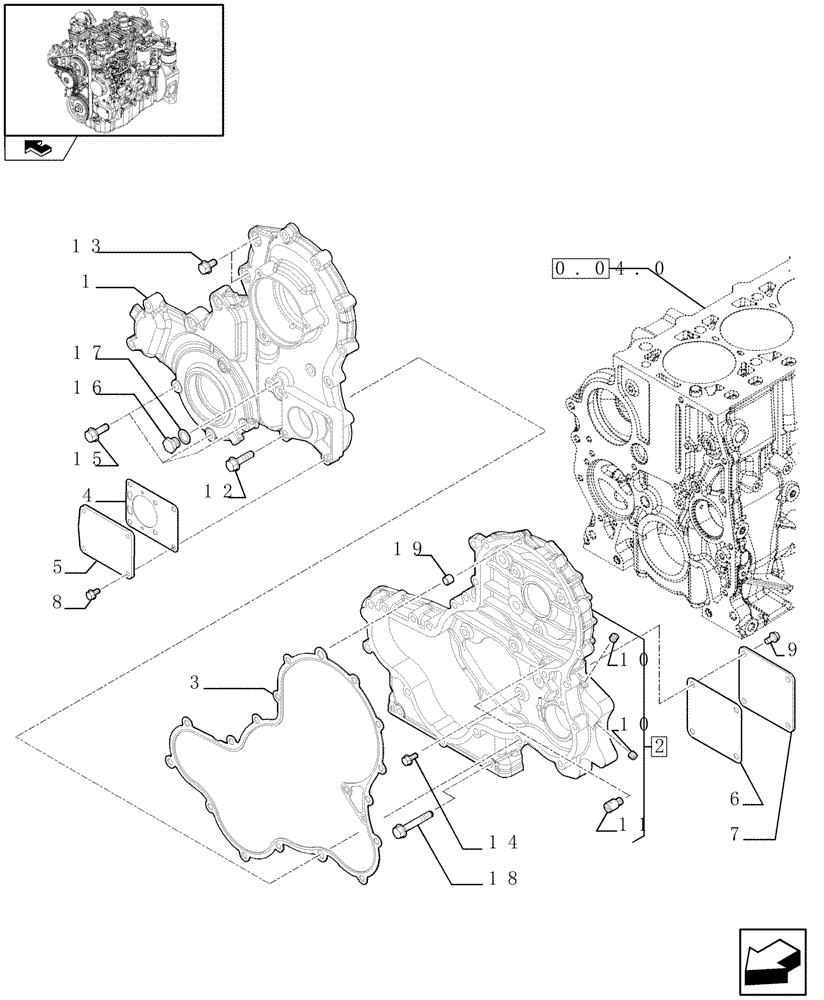 Схема запчастей Case 21E - (0.04.3[01]) - ENGINE BLOCK FRONT COVER (01) - ENGINE