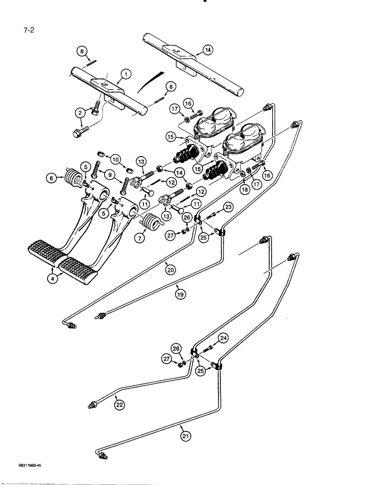 Схема запчастей Case 450C - (7-02) - BRAKE PEDALS, MASTER CYLINDERS, AND LINES TO TRANSMISSION CONTROL VALVE, USED THRU P.I.N. 3080911 (07) - BRAKES