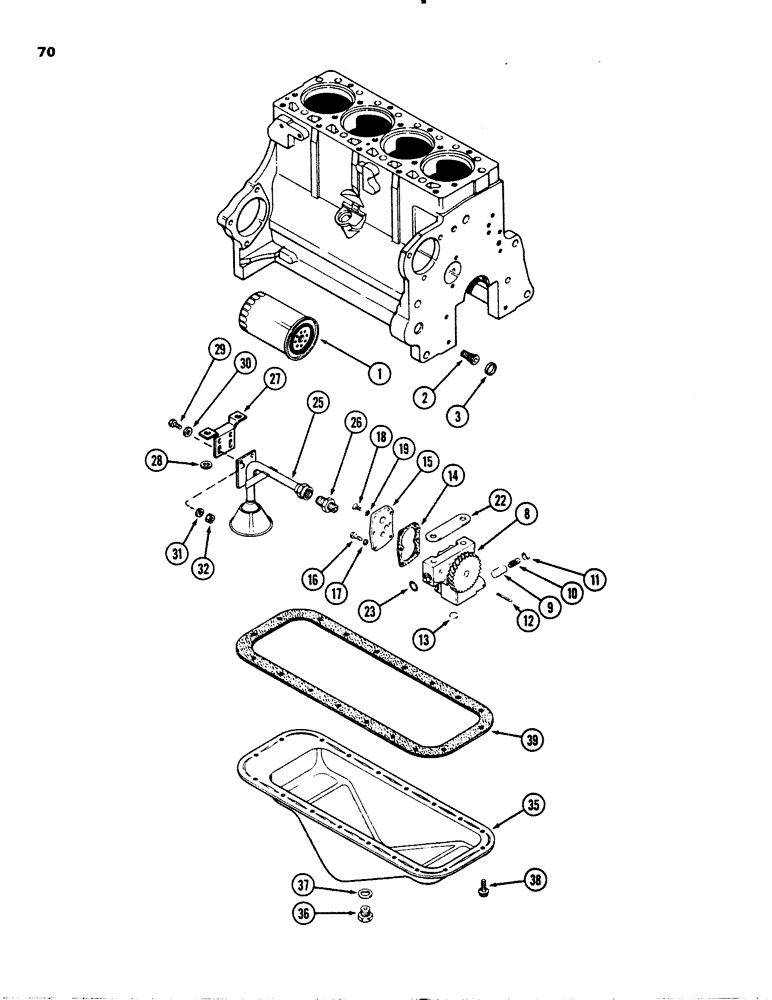 Схема запчастей Case 1845S - (070) - OIL FILTER, (188) DIESEL ENGINE, ENGINE SERIAL NO. 4309700 AND AFTER, OIL PUMP, OIL PAN (10) - ENGINE