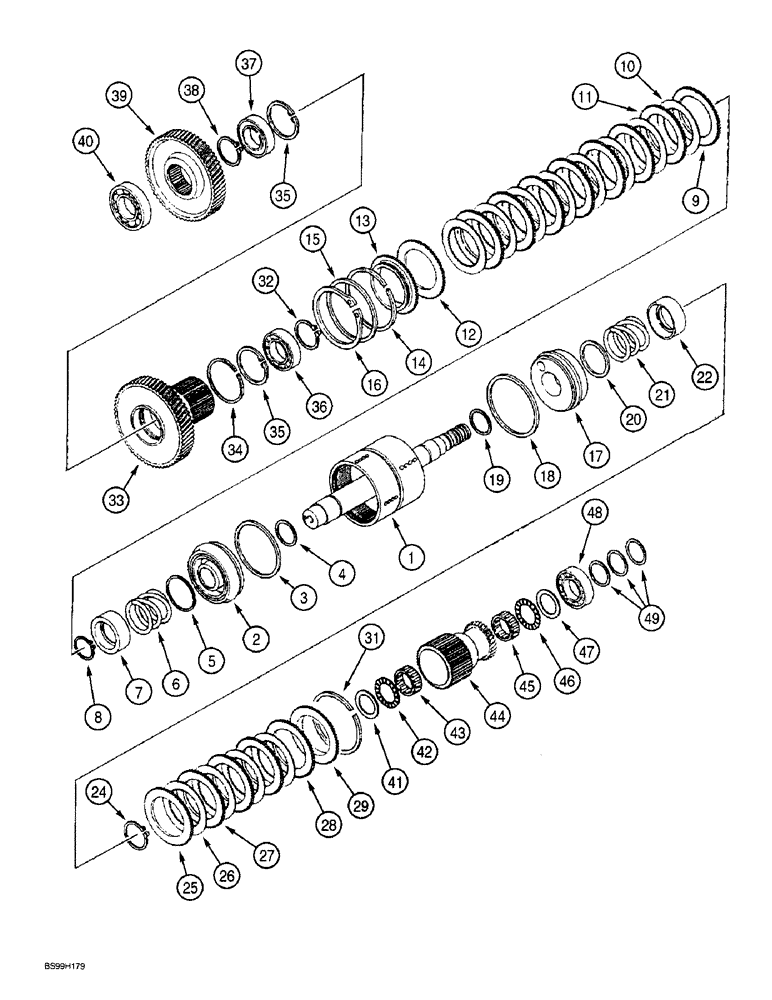 Схема запчастей Case 590SL - (6-130) - CLARK POWERSHIFT TRANSMISSION ASSEMBLY, CLUTCH AND PINIONS, HIGH SPEED & LOW SPEED - FORWARD DRIVE (06) - POWER TRAIN