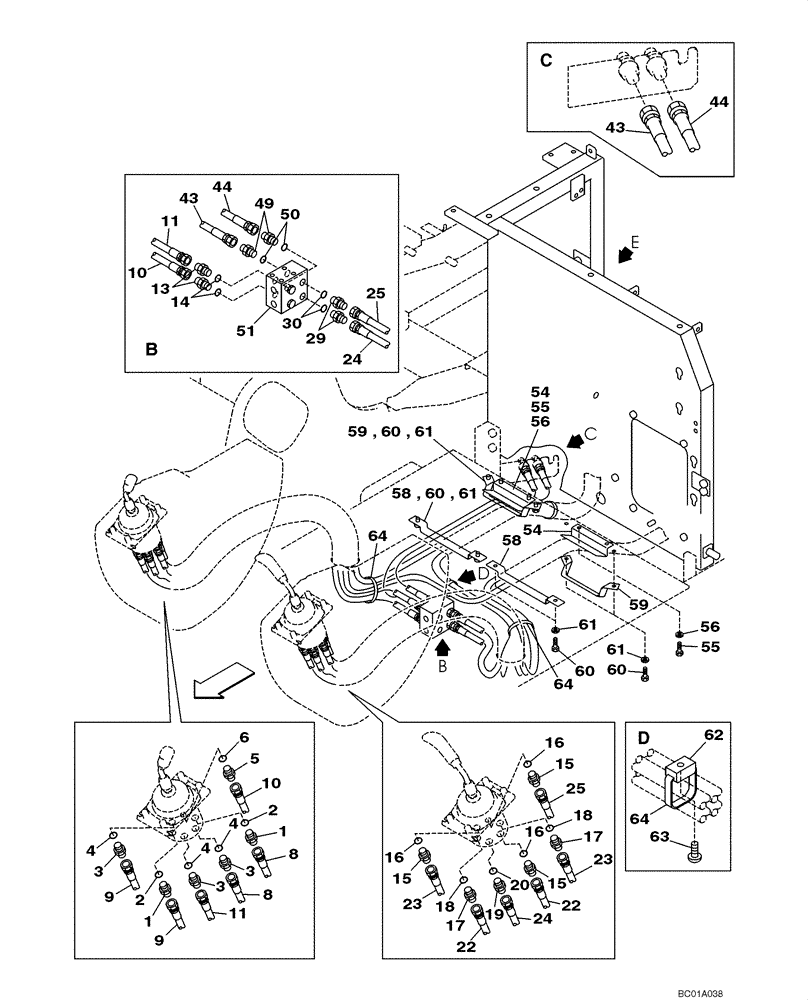 Схема запчастей Case CX160 - (08-25) - PILOT CONTROL LINES, ATTACHMENT - MODELS WITH LOAD HOLD & CONTROL SELECTOR VALVE (08) - HYDRAULICS