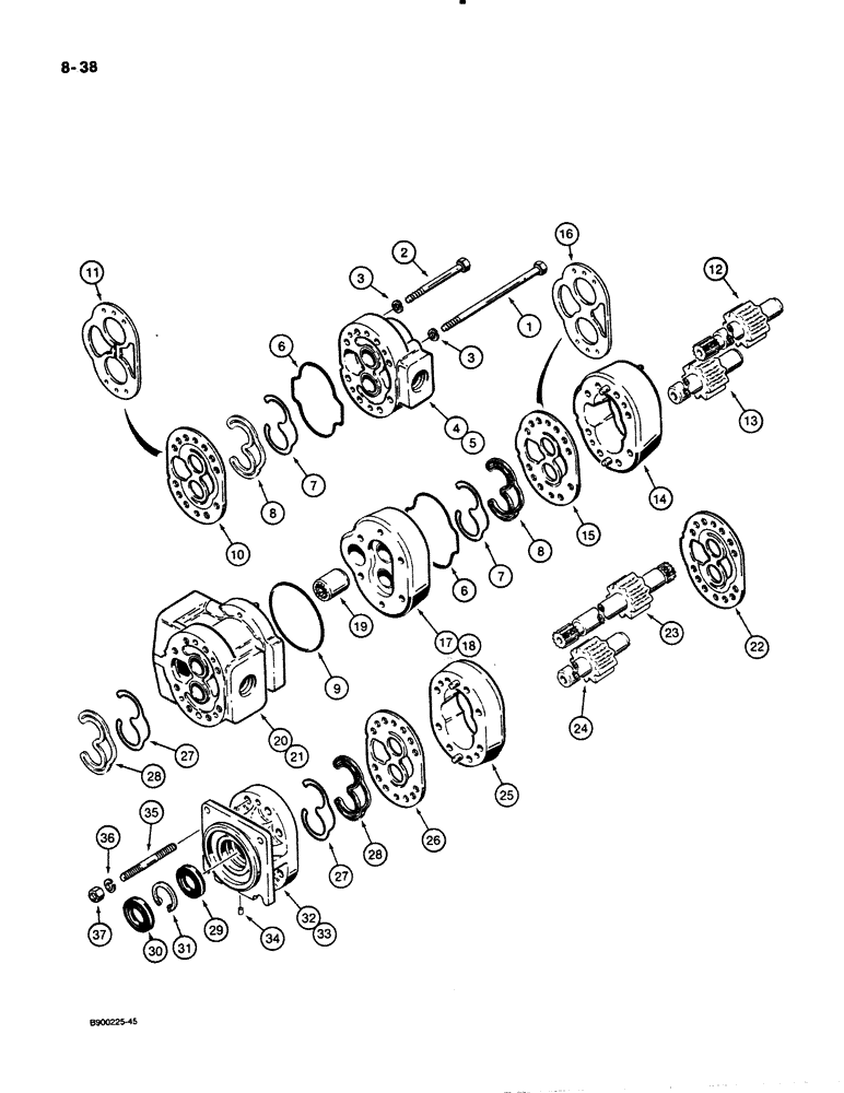 Схема запчастей Case W30 - (8-38) - EQUIPMENT AND STEERING PUMP, USED ON MODELS WITH ZF TRANSMISSION (08) - HYDRAULICS