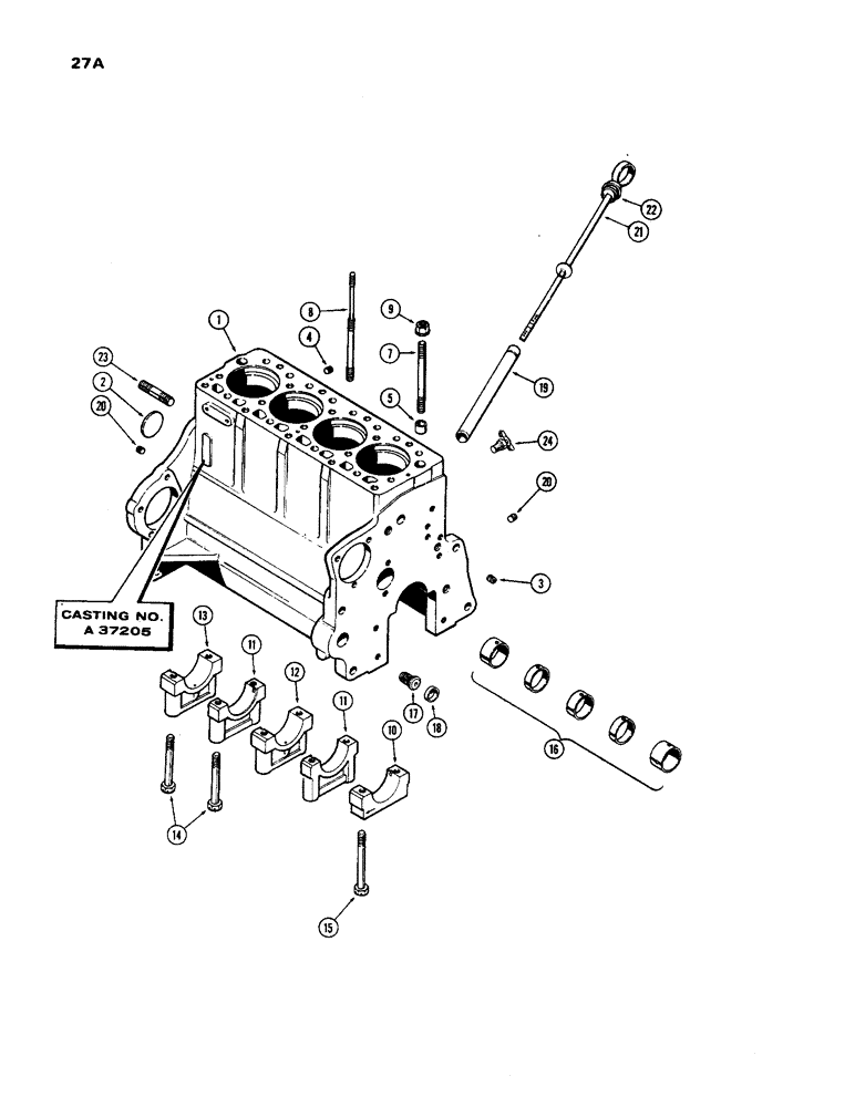 Схема запчастей Case 450 - (027A) - CYLINDER BLOCK ASSEMBLY, (188) DIESEL ENGINE, FOR WIDE FLANGED SLEEVES, 1ST USED ENG. S.N. 2614827 (01) - ENGINE